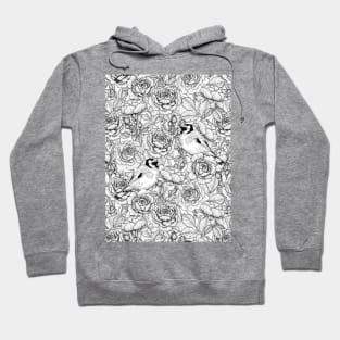 Rose flowers and goldfinch birds in black and white Hoodie